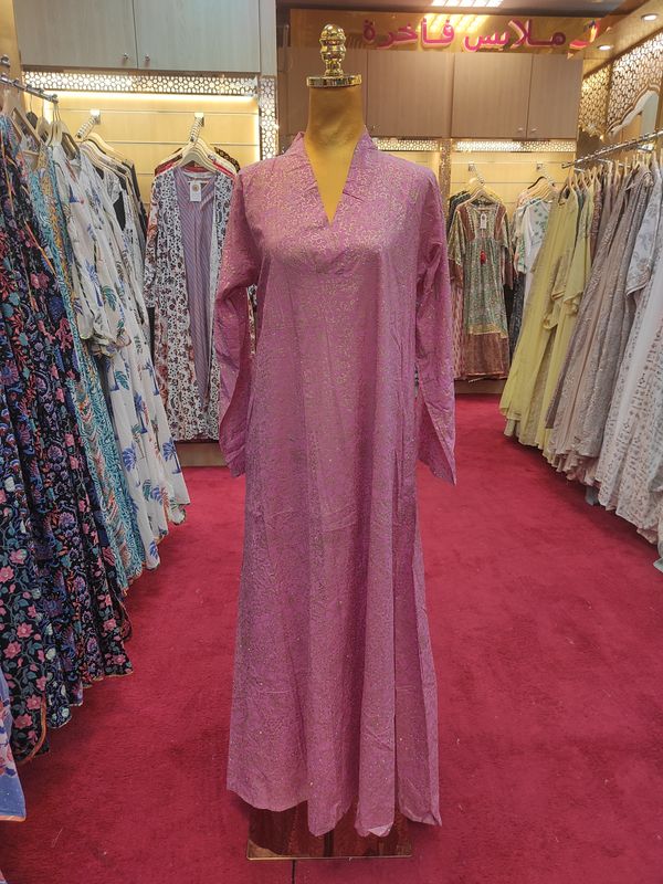 XS/S Teena Crystal Pink Printed Cotton Dress 54&quot; Long Jalabiya