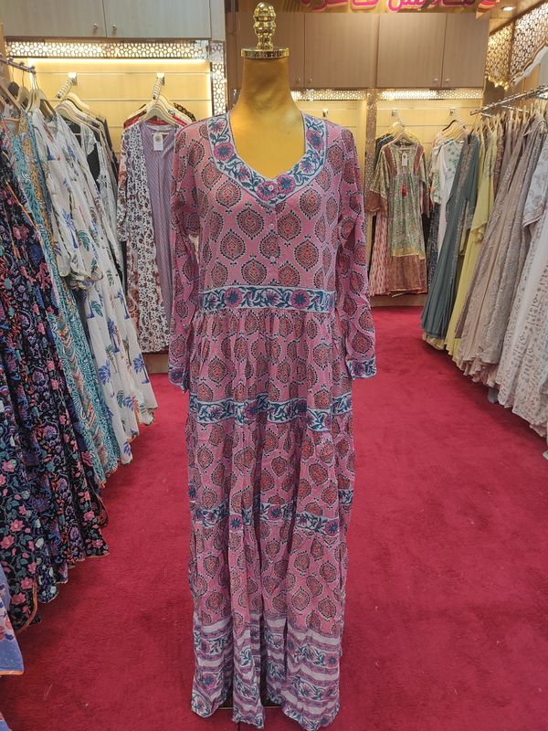 S/M Huda Crystal Printed Cotton Dress 57&quot; Long Jalabiya