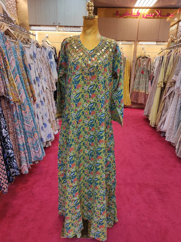 S/M Bhopali Crystal Golden Printed Cotton Dress 56&quot; Long Jalabiya
