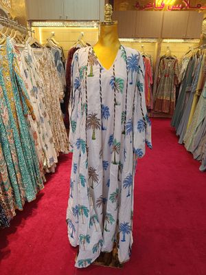 S/M Meher White Printed Cotton Dress 56&quot; Long Jalabiya