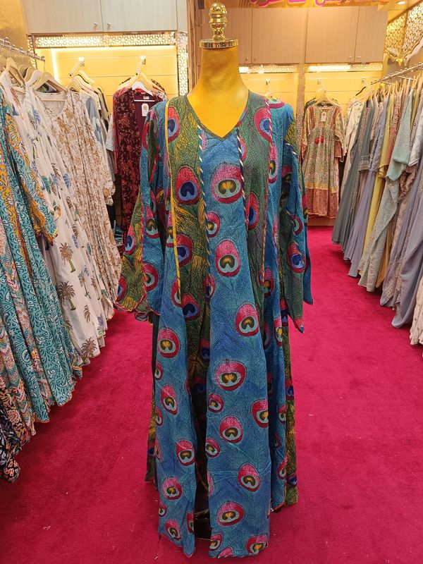 S/M Meher Multi Printed Cotton Dress 56&quot; Long Jalabiya