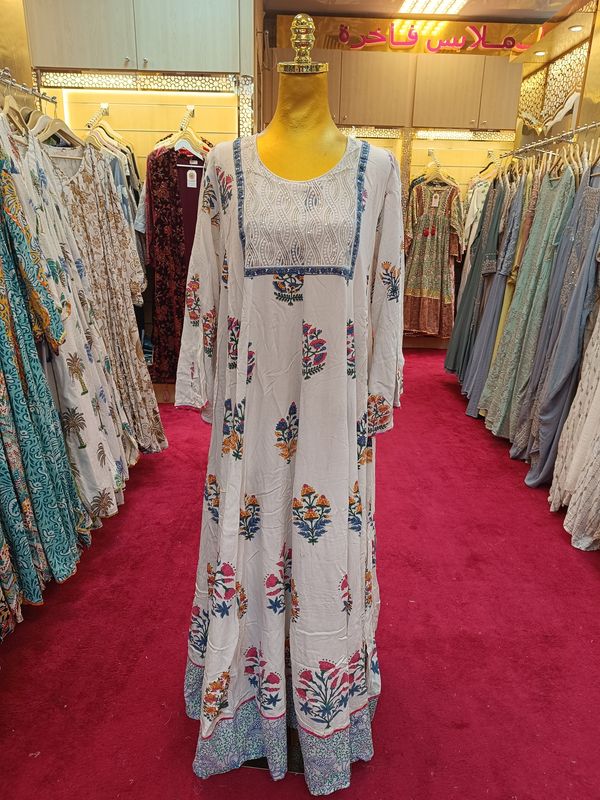 S/M Meher White Printed Cotton Dress 57&quot; Long Jalabiya