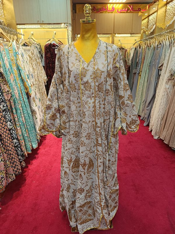 2XL/3XL Meher White Gold Printed Cotton Dress 56&quot; Long Jalabiya