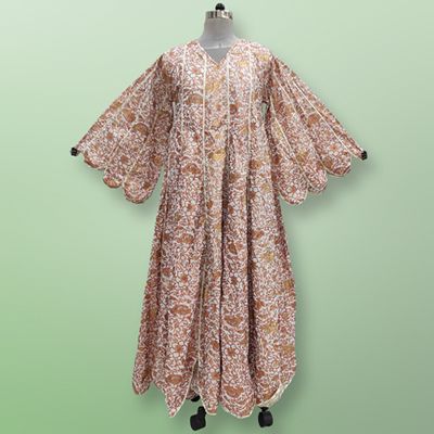 2/3 L/XL Meher Gold Printed Cotton Dress 57&quot; Long Jalabiya