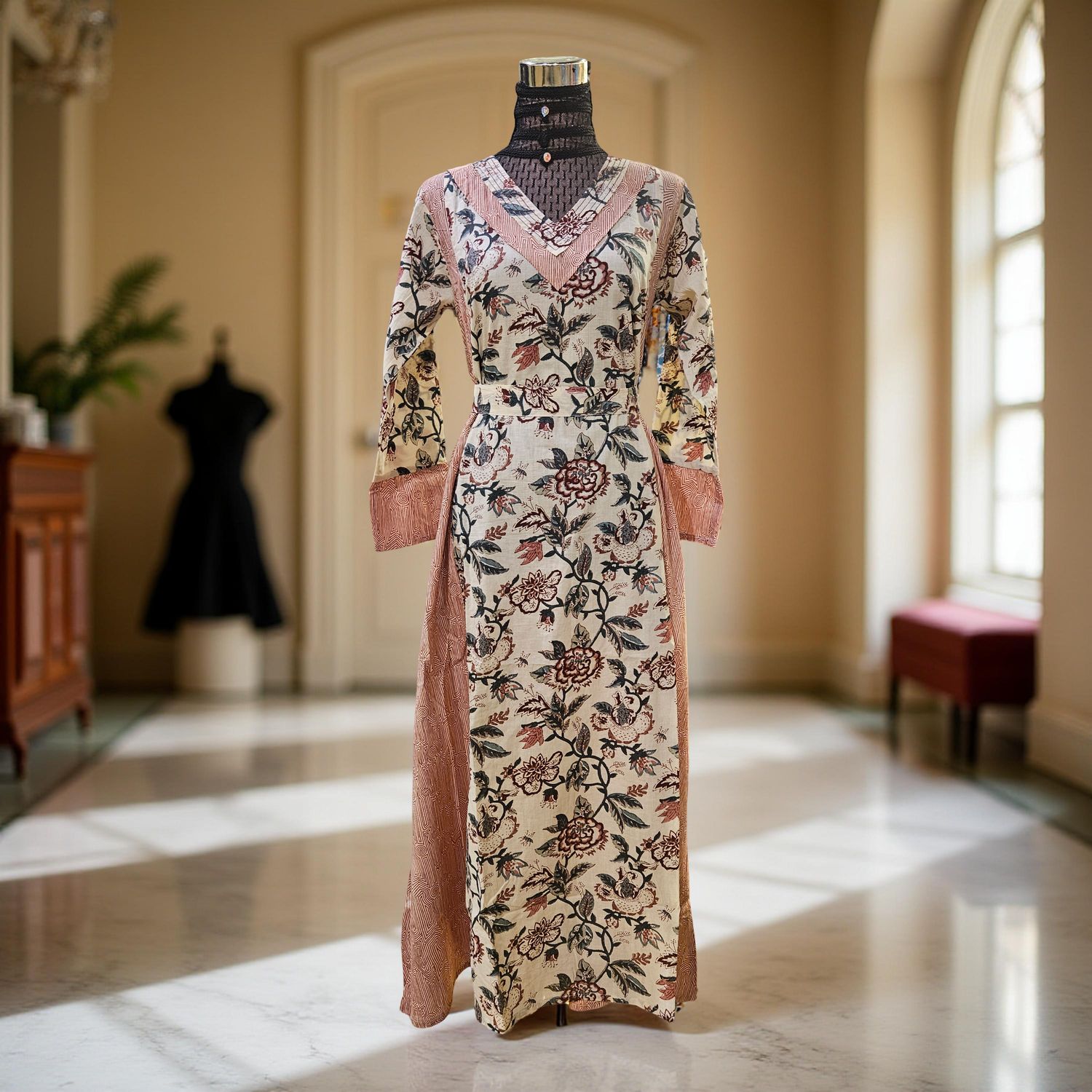 S-M  Noor Printed Cotton Dress 57&quot; Long Jalabiya