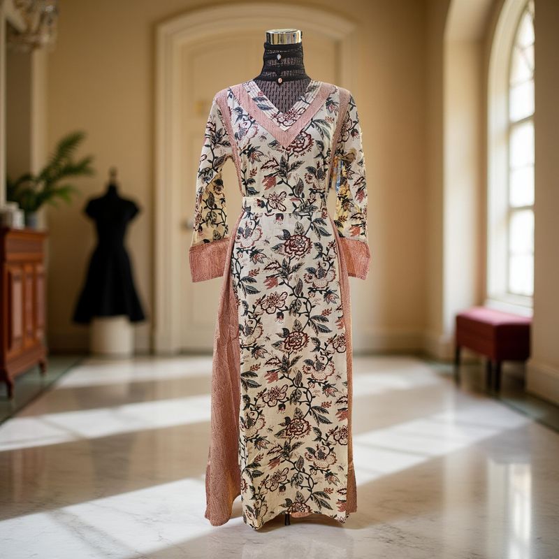 S-M  Noor Printed Cotton Dress 57&quot; Long Jalabiya