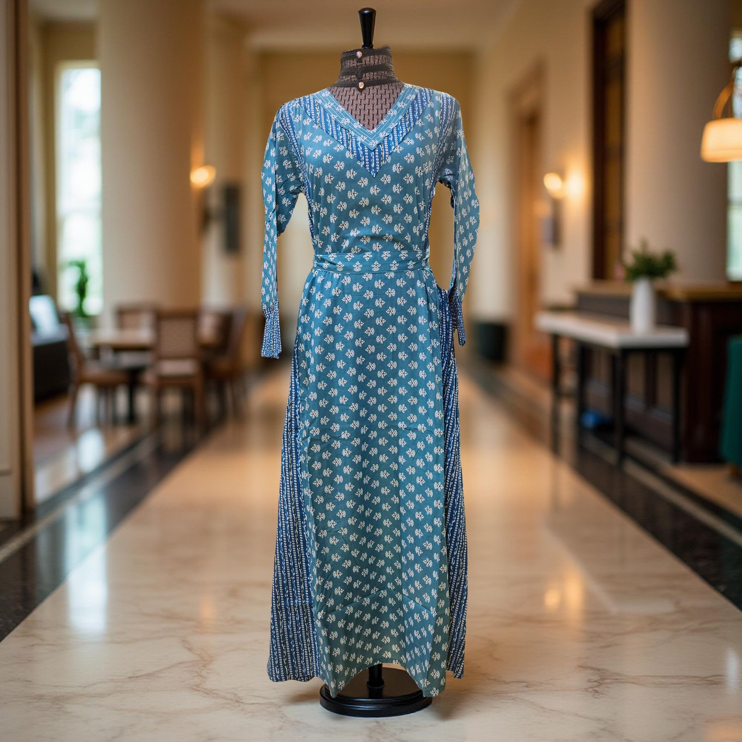 S-M  Noor Printed Cotton Dress 57&quot; Long Jalabiya