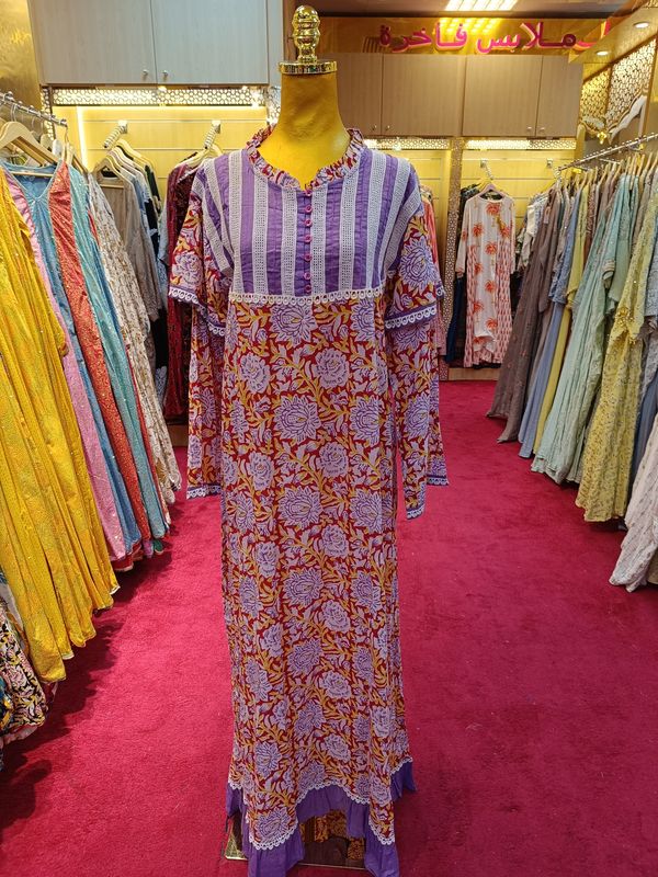 S/M Narina Printed Cotton Dress 57&quot; Long Jalabiya