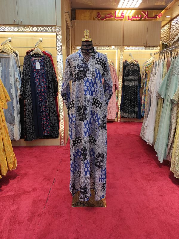 L/XL Teena Blue Printed Cotton Dress 57&quot; Long Jalabiya