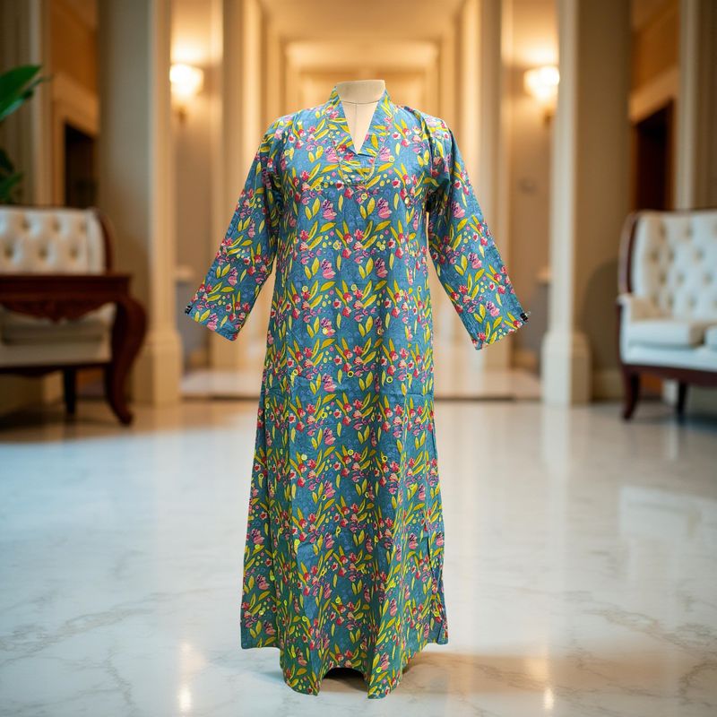 XS-S Teena Printed Mirror Work Cotton Dress 54&quot; Long Jalabiya