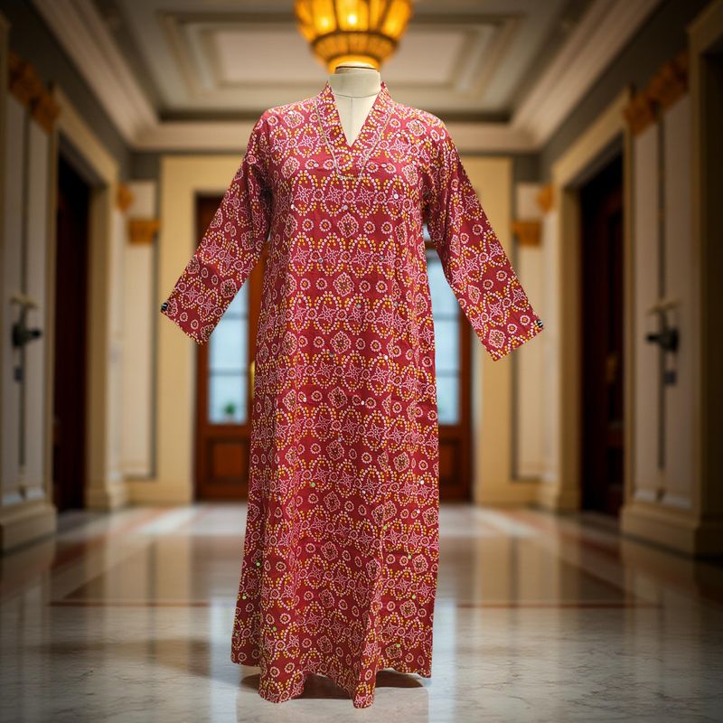 S/M Teena Printed Mirror Work Cotton Dress 57&quot; Long Jalabiya