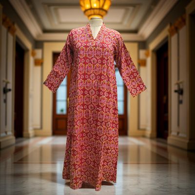 S/M Teena Printed Mirror Work Cotton Dress 57&quot; Long Jalabiya