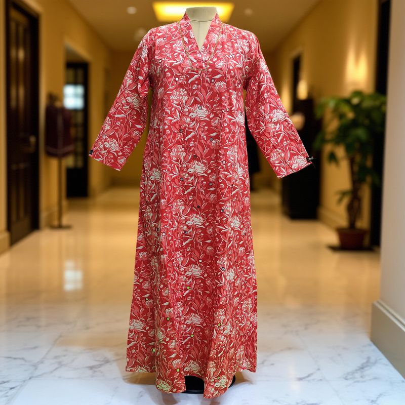 S/M Teena Printed Mirror Work Cotton Dress 57&quot; Long Jalabiya