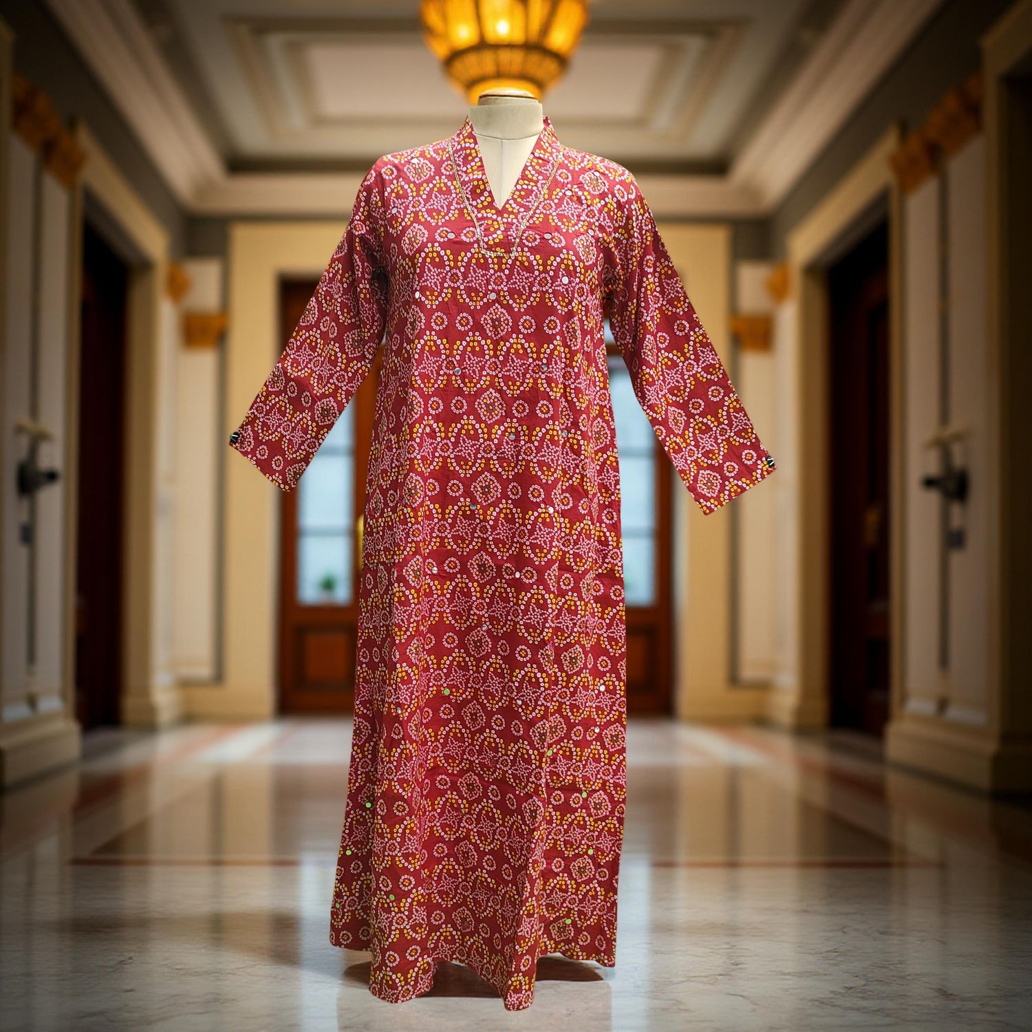 L/XL Teena Printed Mirror Work Cotton Dress 57&quot; Long Jalabiya