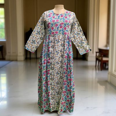 L/XL Heba Printed Cotton Dress 57&quot; Long  Jalabiya