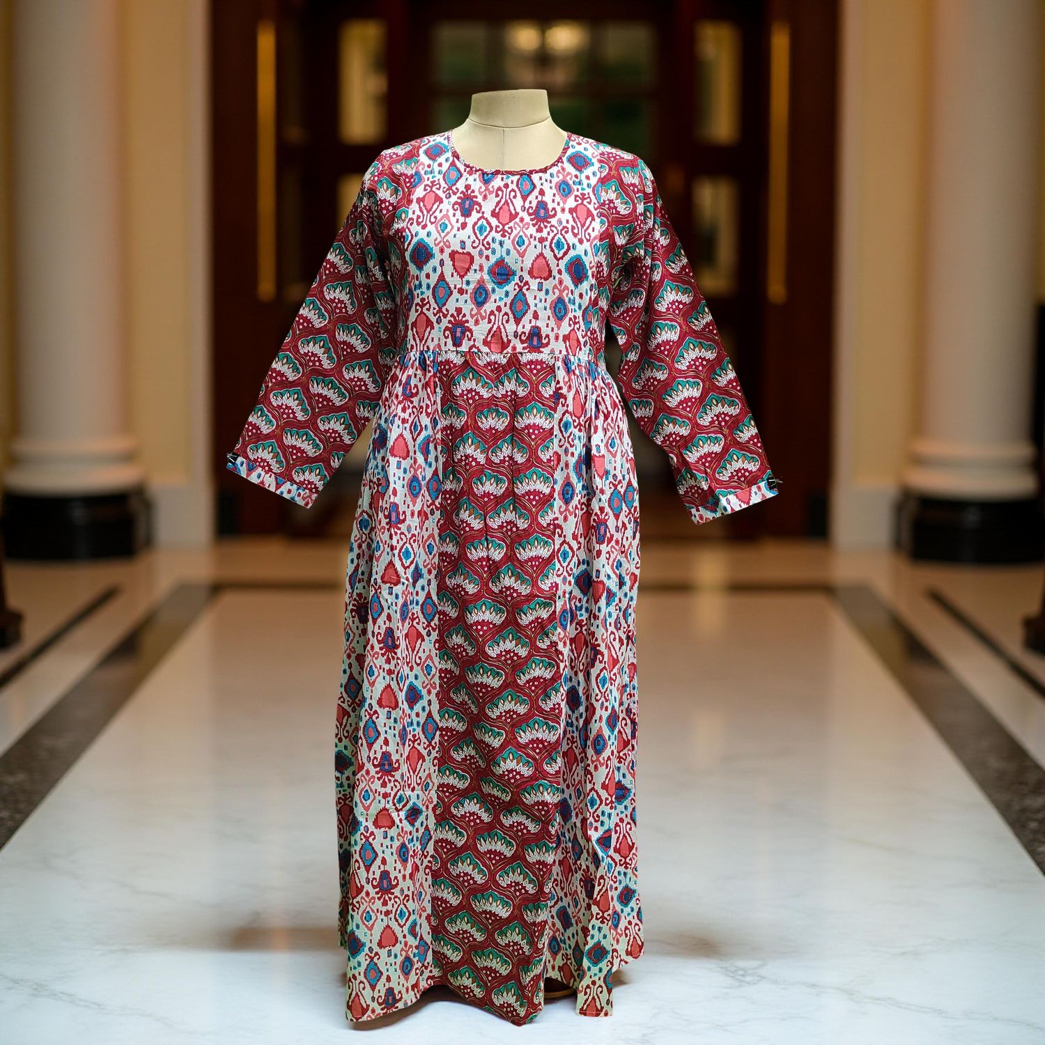 L/XL Heba Printed Cotton Dress 57&quot; Long  Jalabiya