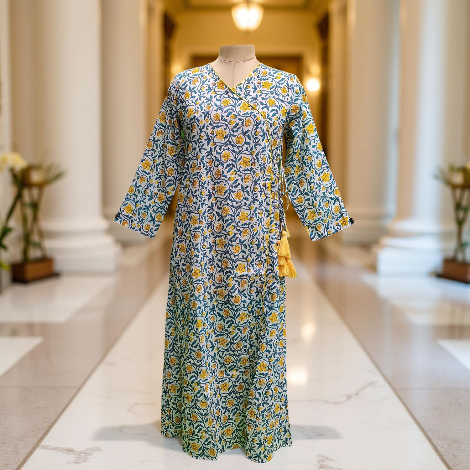 L/XL Qifa Printed Cotton Dress 57&quot; Long Jalabiyas