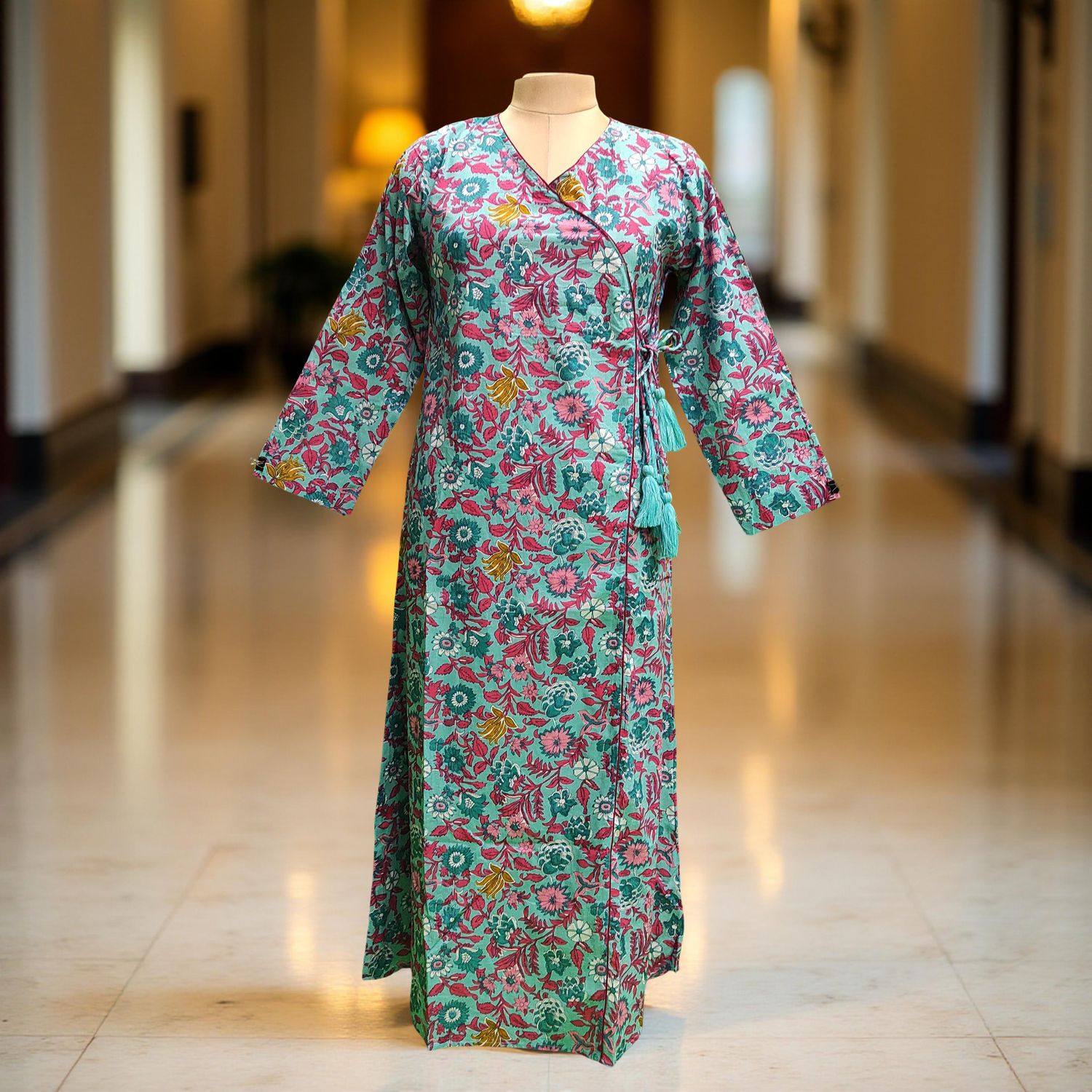 S/M Qifa Printed Cotton Dress 56&quot; Long Jalabiyas