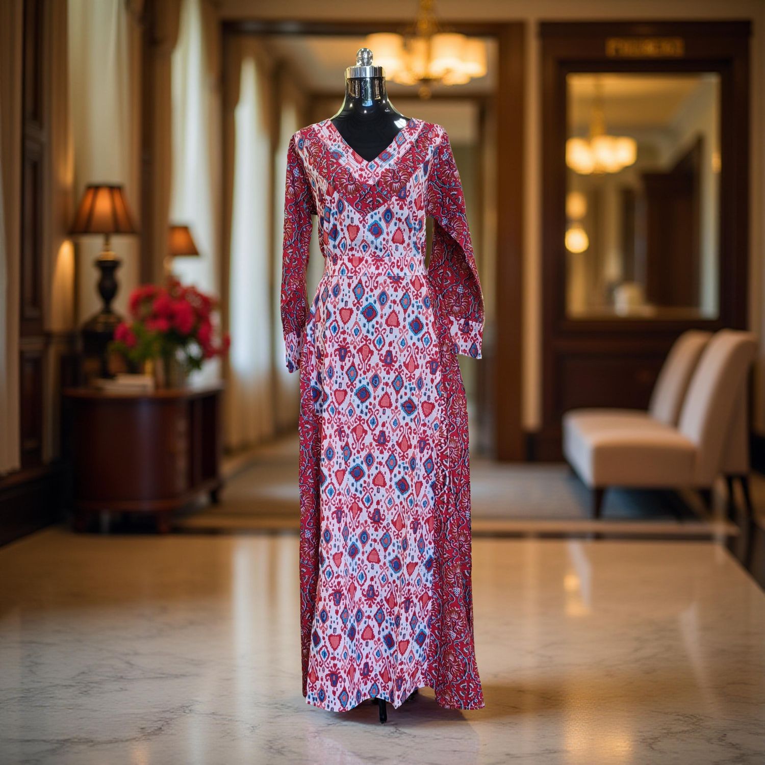 L-XL Noor Printed Cotton Dress 57&quot; Long Jalabiya