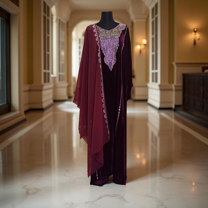 2XL/3XL Velvet Mukhawar Dress 57&quot; Long Jalabiya With Sheila