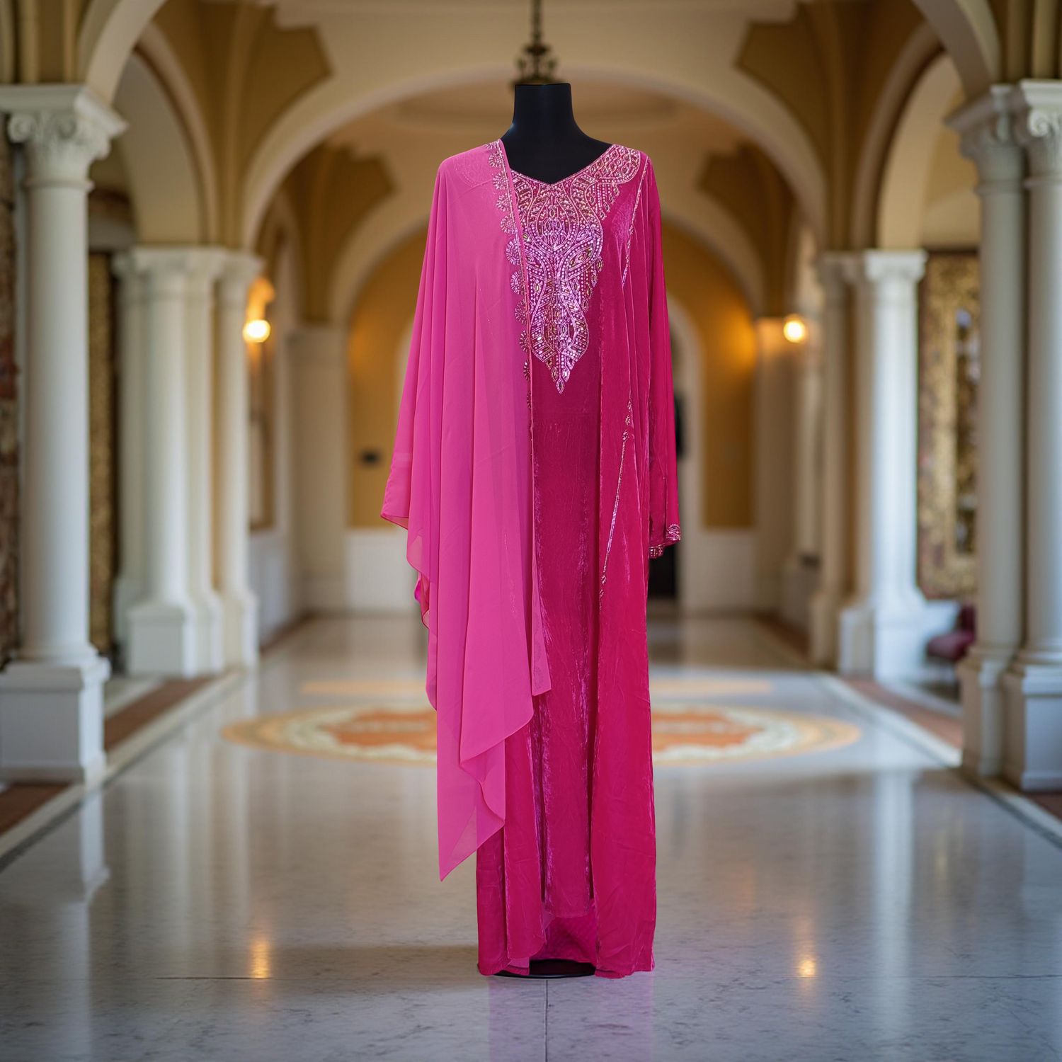 2XL/3XL Velvet Mukhawar Dress 57&quot; Long Jalabiya With Sheila