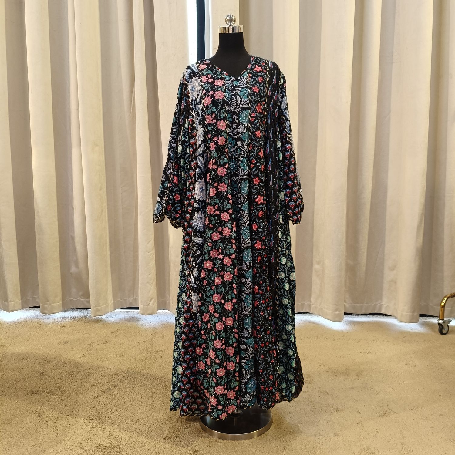 S-M Meher Crystal Black Multi Printed Cotton Dress 57&quot; Long Jalabiya