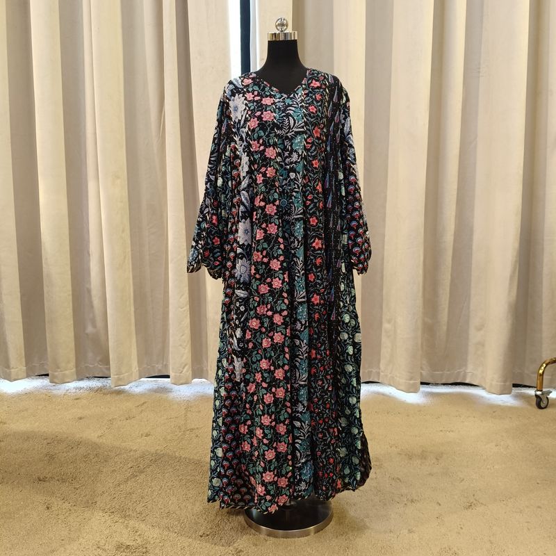 S-M Meher Crystal Black Multi Printed Cotton Dress 57&quot; Long Jalabiya