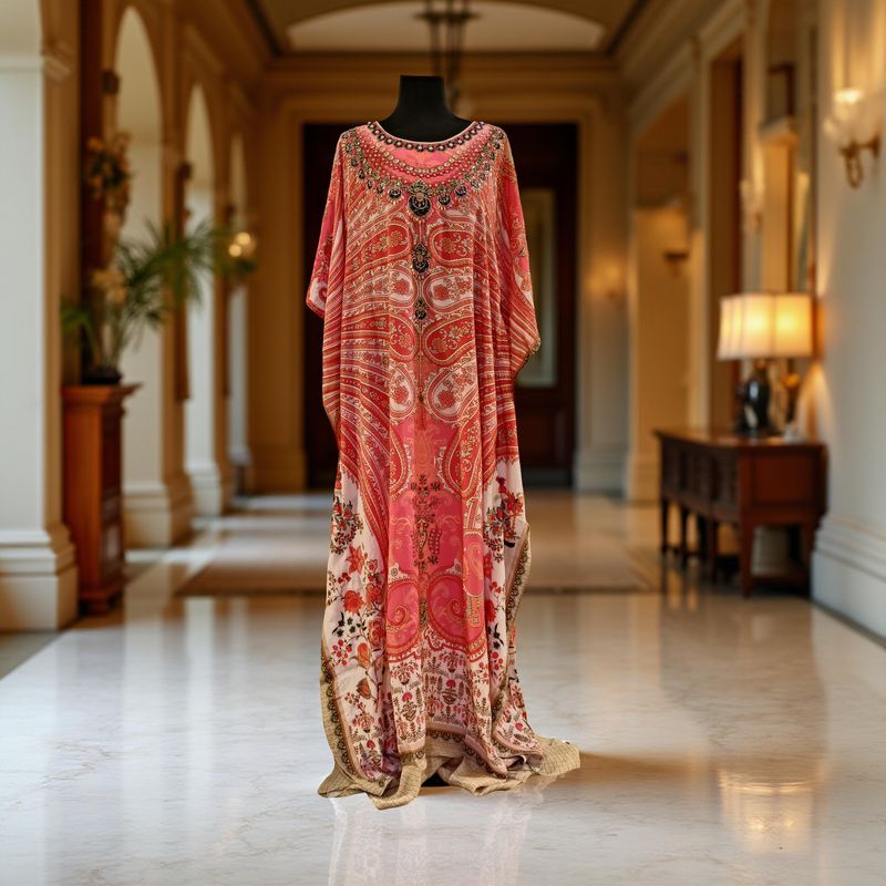 XL Digital Dress Kaftan Printed Silky Hand Embroidery  57&quot; Long Jalabiya