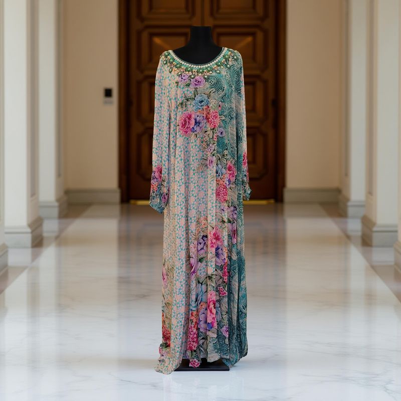 XL Digital Dress Printed Silky Hand Embroidery  57&quot; Long Jalabiya