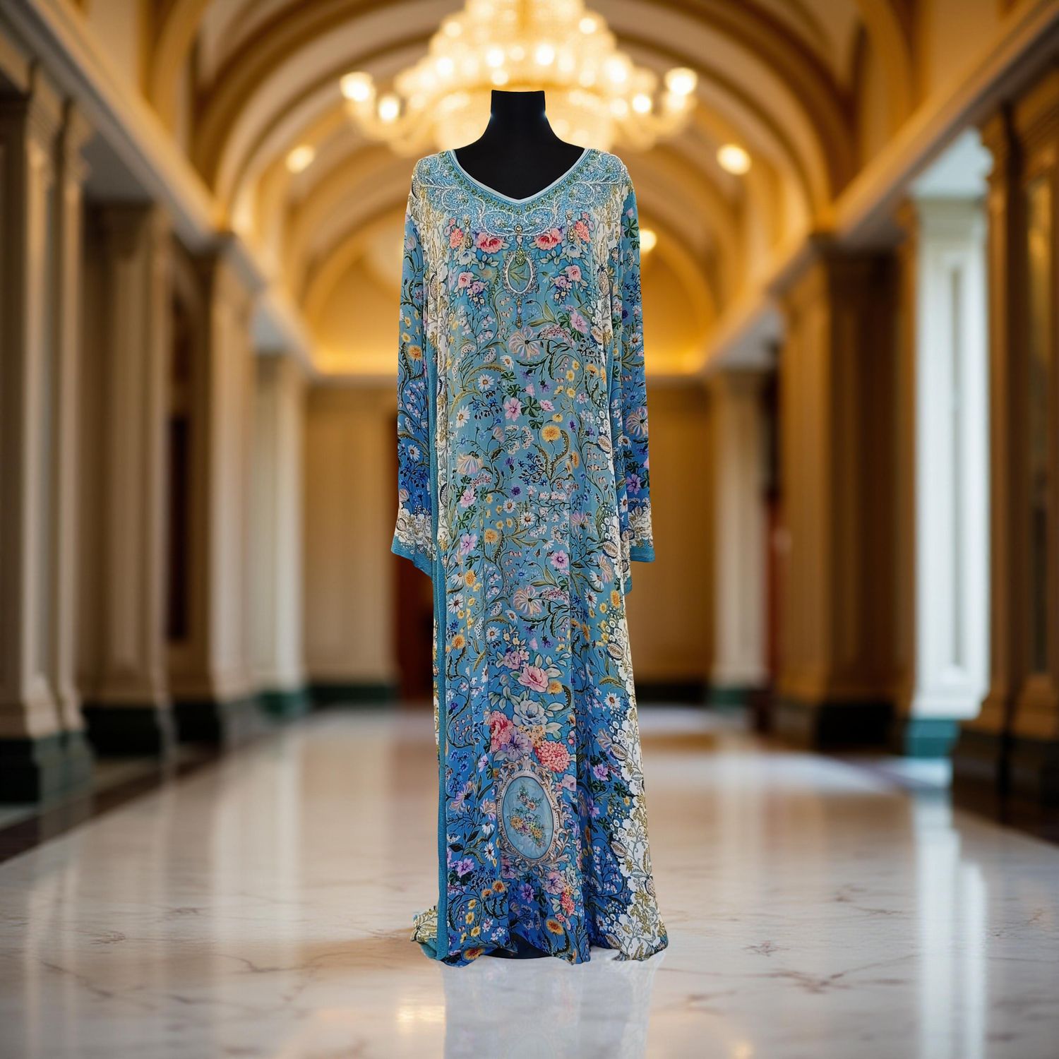 XL Digital Dress Printed Silky Hand Embroidery  57&quot; Long Jalabiya