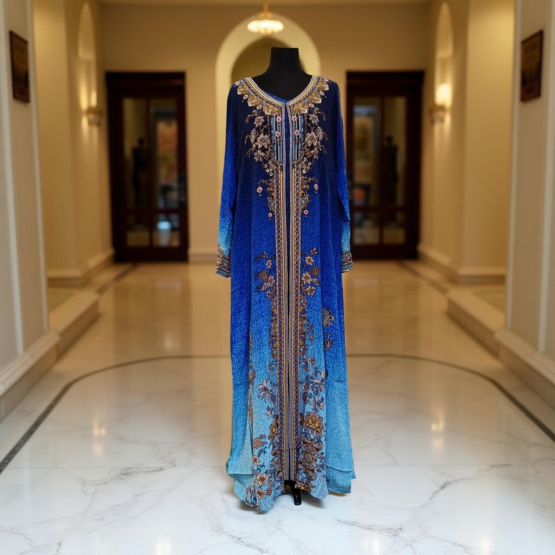 XL Digital Dress Printed Silky Hand Embroidery  57&quot; Long Jalabiya 2 Pcs