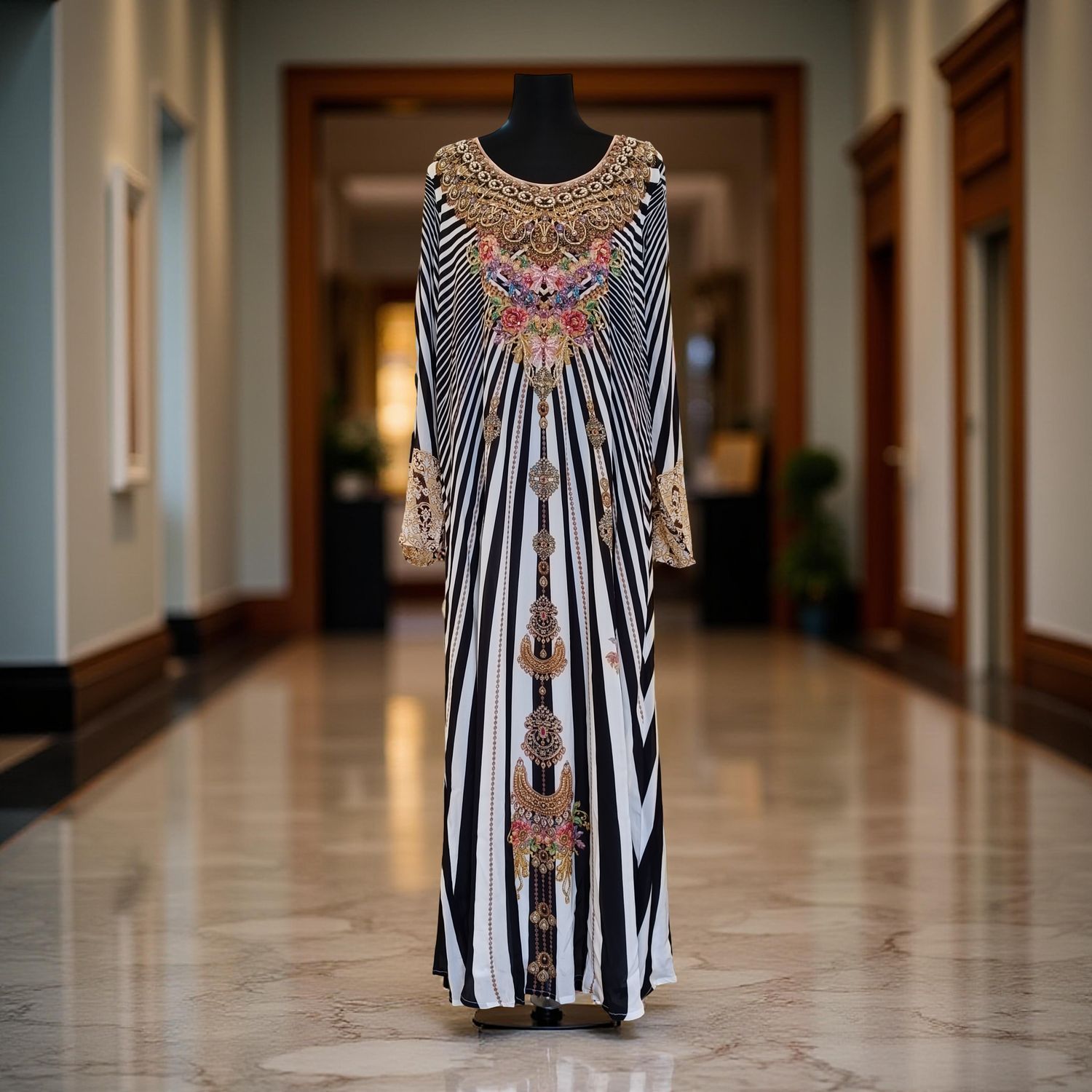 XL Digital Dress Printed Silky Hand Embroidery  57&quot; Long Jalabiya