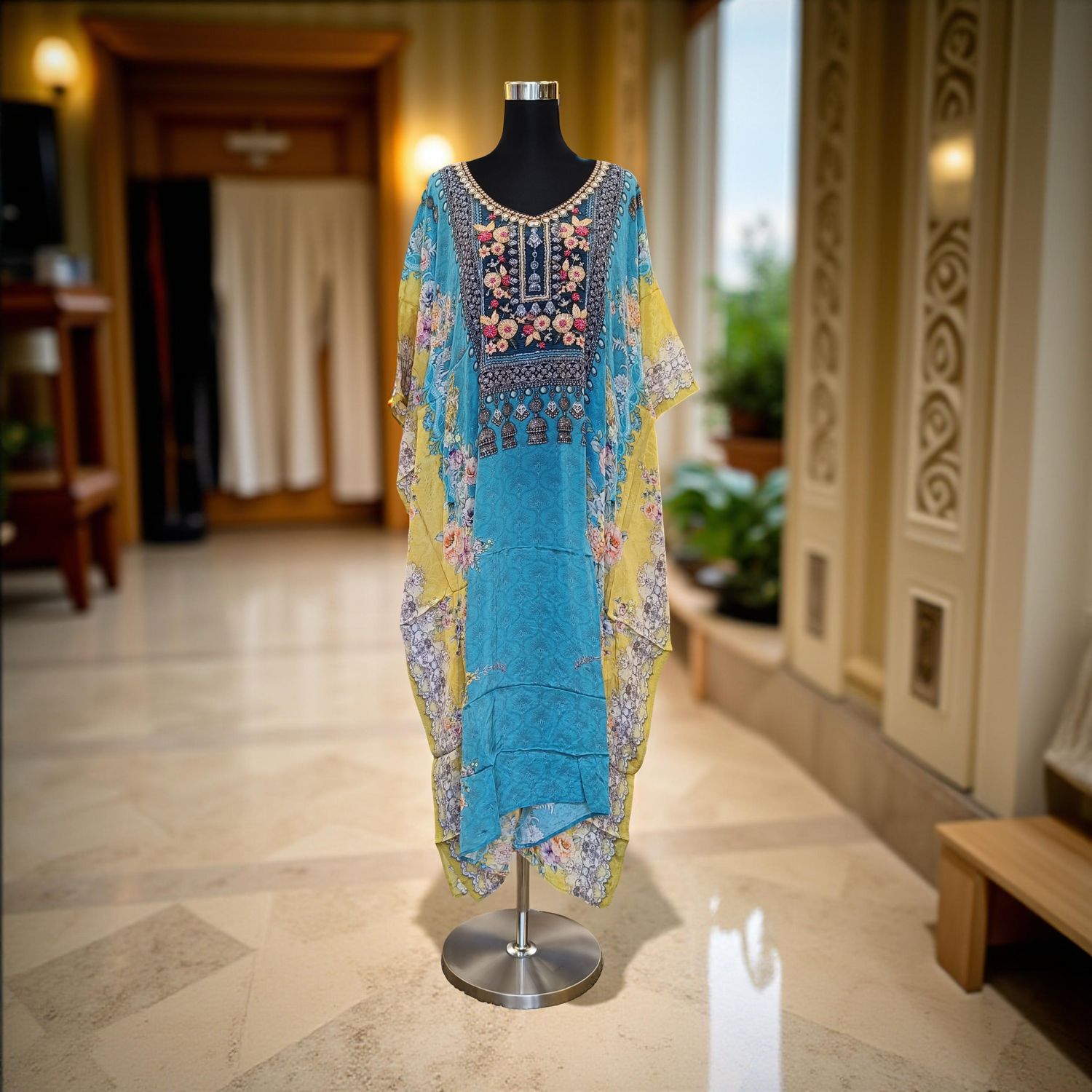 S-M Digital Dress Kaftan Short Printed Silky Hand Embroidery  47&quot; Short Jalabiya