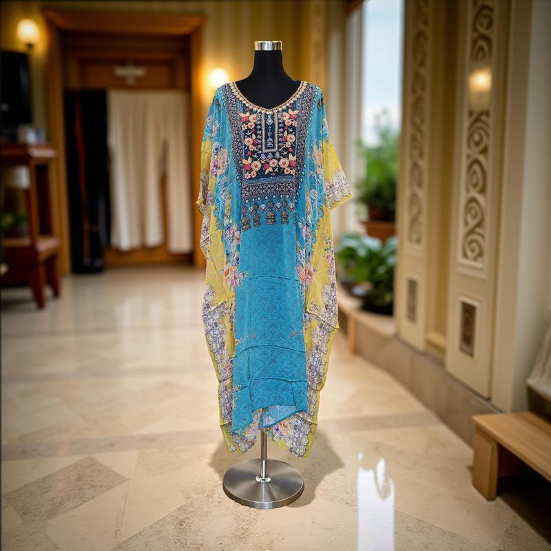 S-M Digital Dress Kaftan Short Printed Silky Hand Embroidery  47&quot; Short Jalabiya