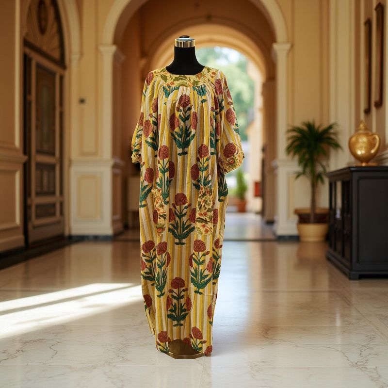 2XL/3XL Nawaar Printed Cotton Dress 57&quot; Short Sleeves Jalabiya