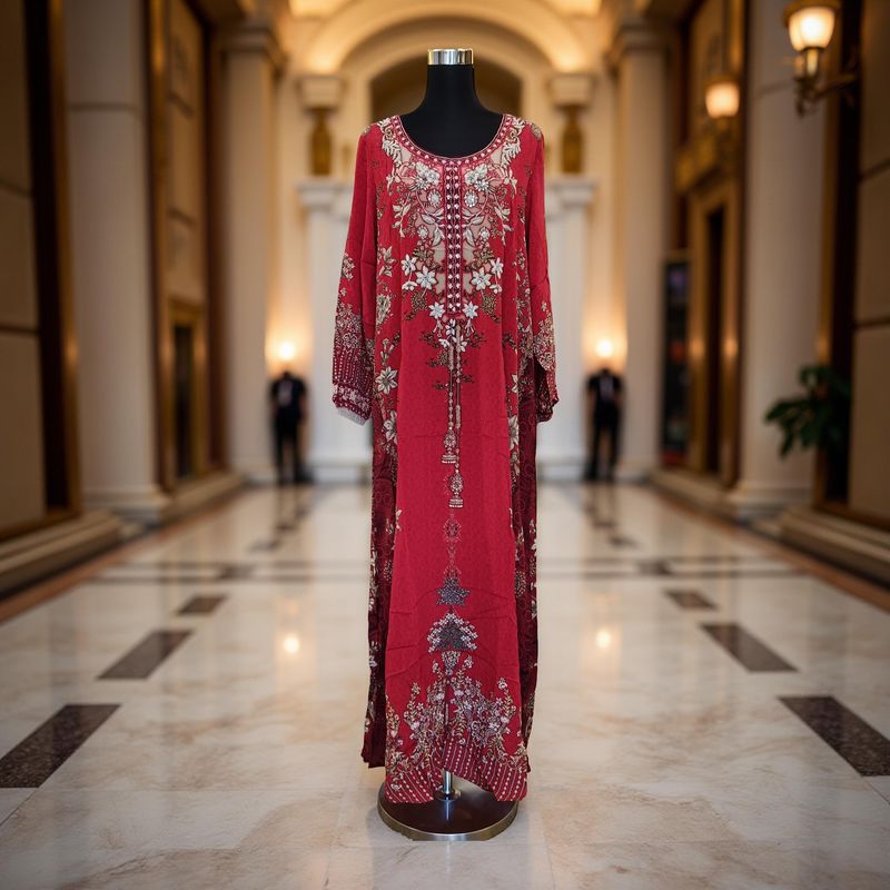 XL Digital Dress Kaftan Printed Silky Hand Embroidery  57&quot; Long Jalabiya