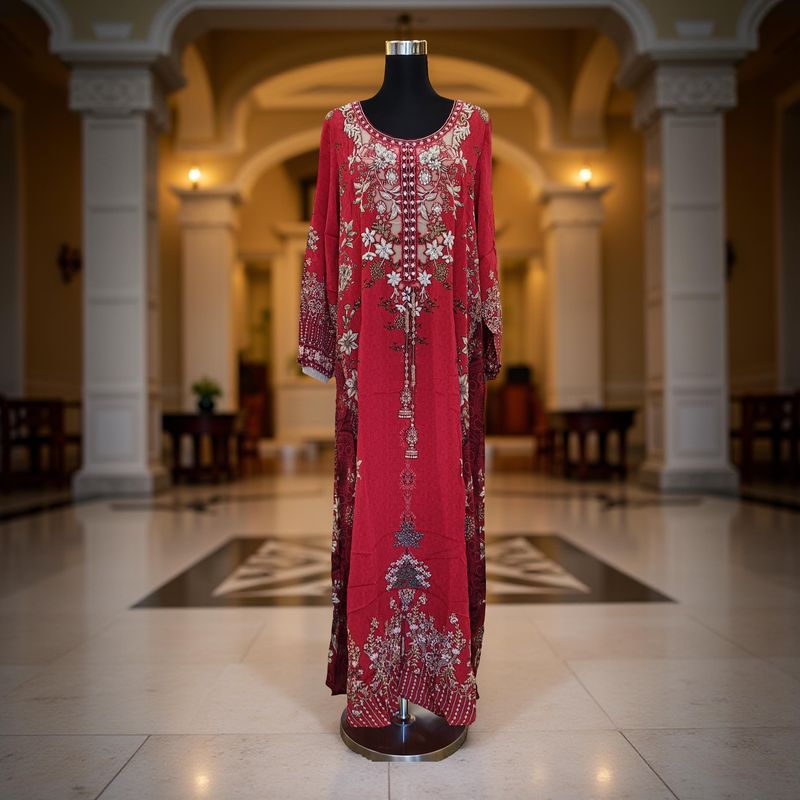 M Digital Dress Printed Silky Hand Embroidery  57&quot; Long Jalabiya