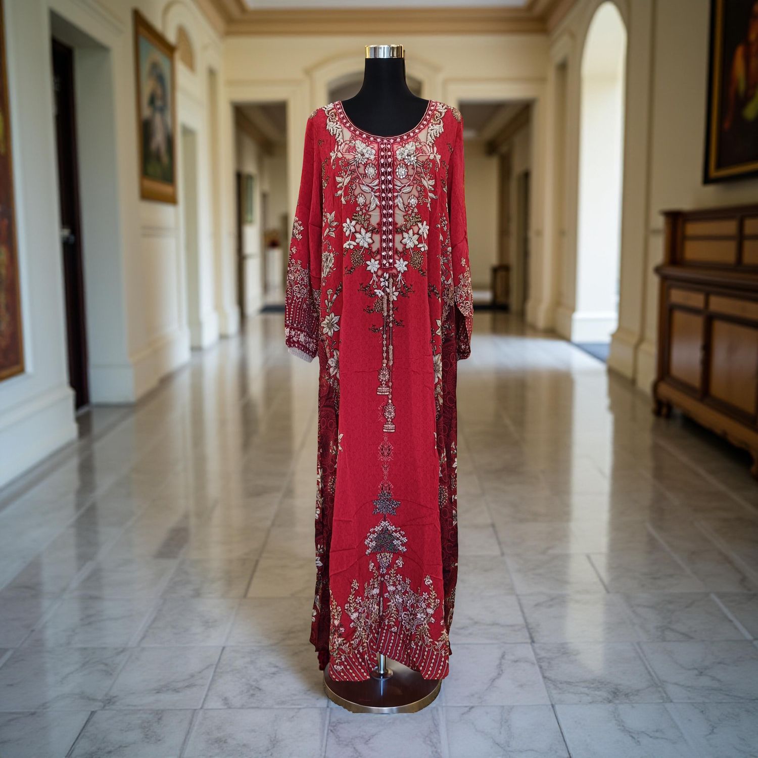 L Digital Dress Printed Silky Hand Embroidery  57&quot; Long Jalabiya