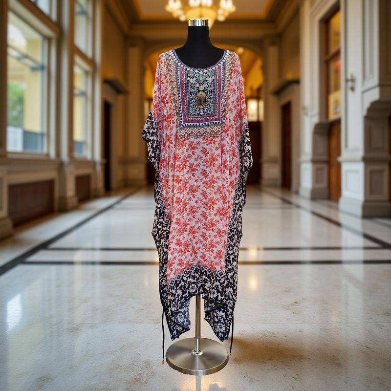 S-M Digital Dress Kaftan Short Printed Silky Hand Embroidery  47&quot; Short Jalabiya