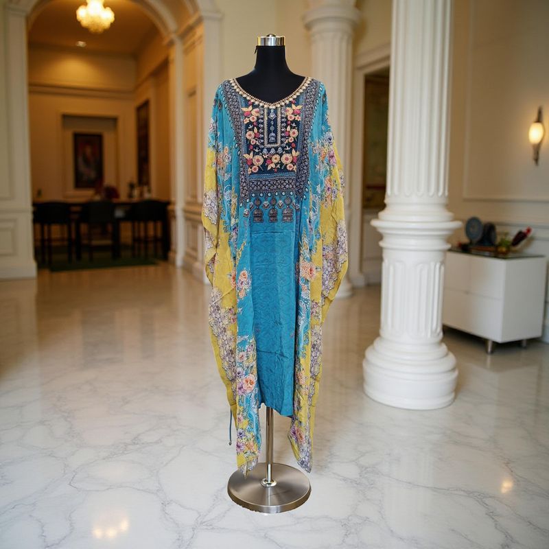 L-XL Digital Dress Kaftan Short Printed Silky Hand Embroidery  47&quot; Short Jalabiya