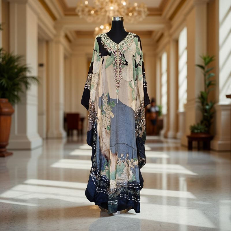 L-XL Digital Dress Kaftan Printed Silky Hand Embroidery  60&quot; Long Jalabiya