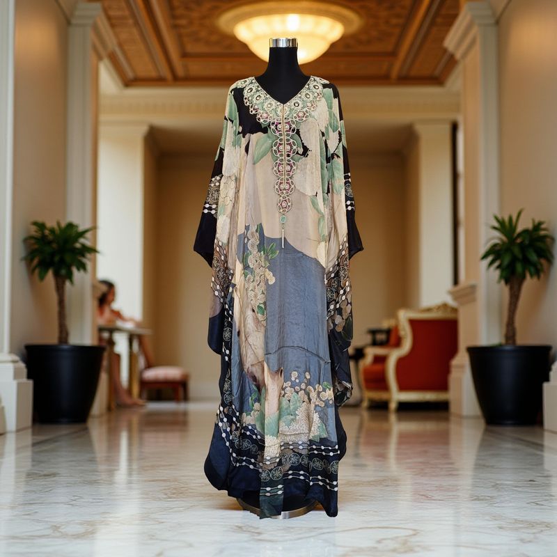 S-M Digital Dress Kaftan Printed Silky Hand Embroidery  60&quot; Long Jalabiya