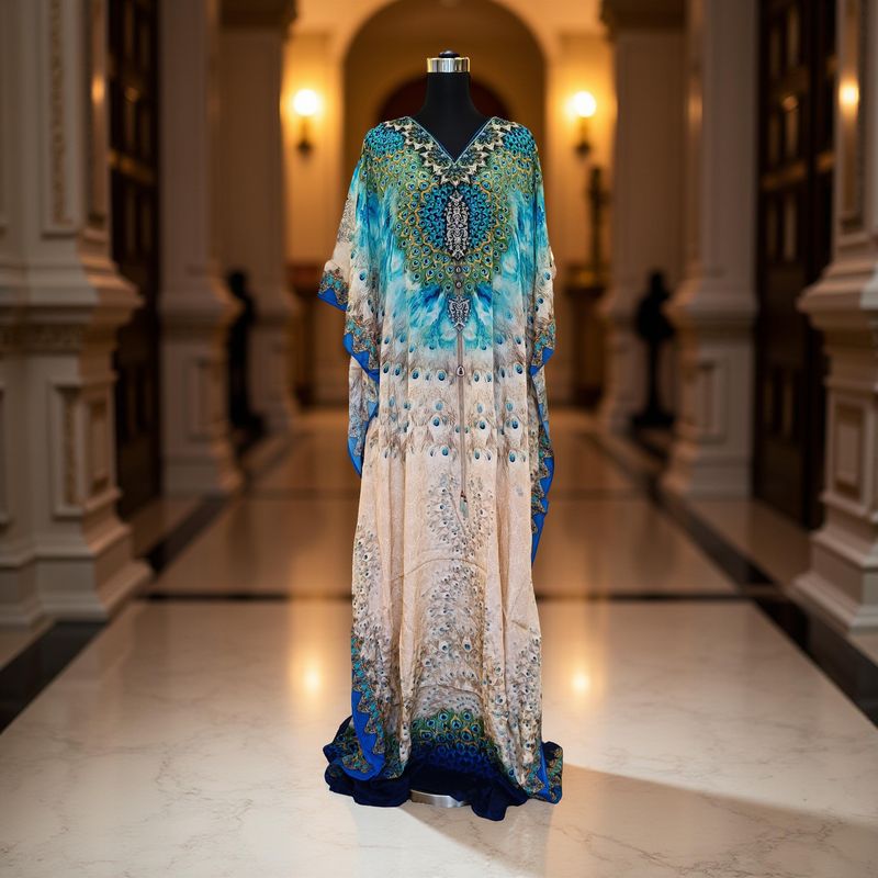 S-M Digital Dress Kaftan Printed Silky Hand Embroidery  60&quot; Long Jalabiya