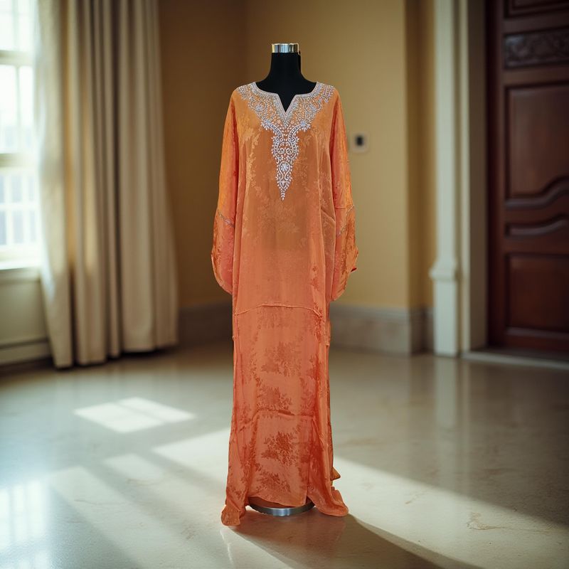 Free Size Silky Farasha Crystal work Kaftan 60&quot; Long Jalabiya