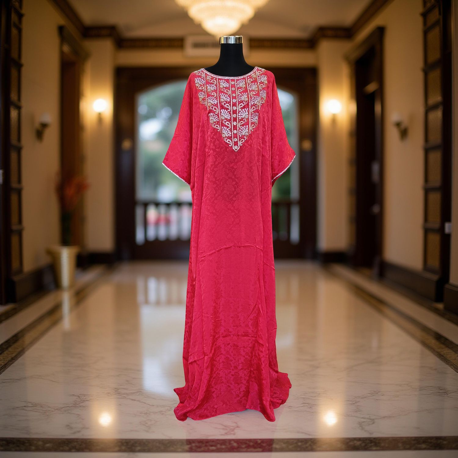 Free Size Silky Farasha Crystal work Kaftan 60&quot; Long Jalabiya