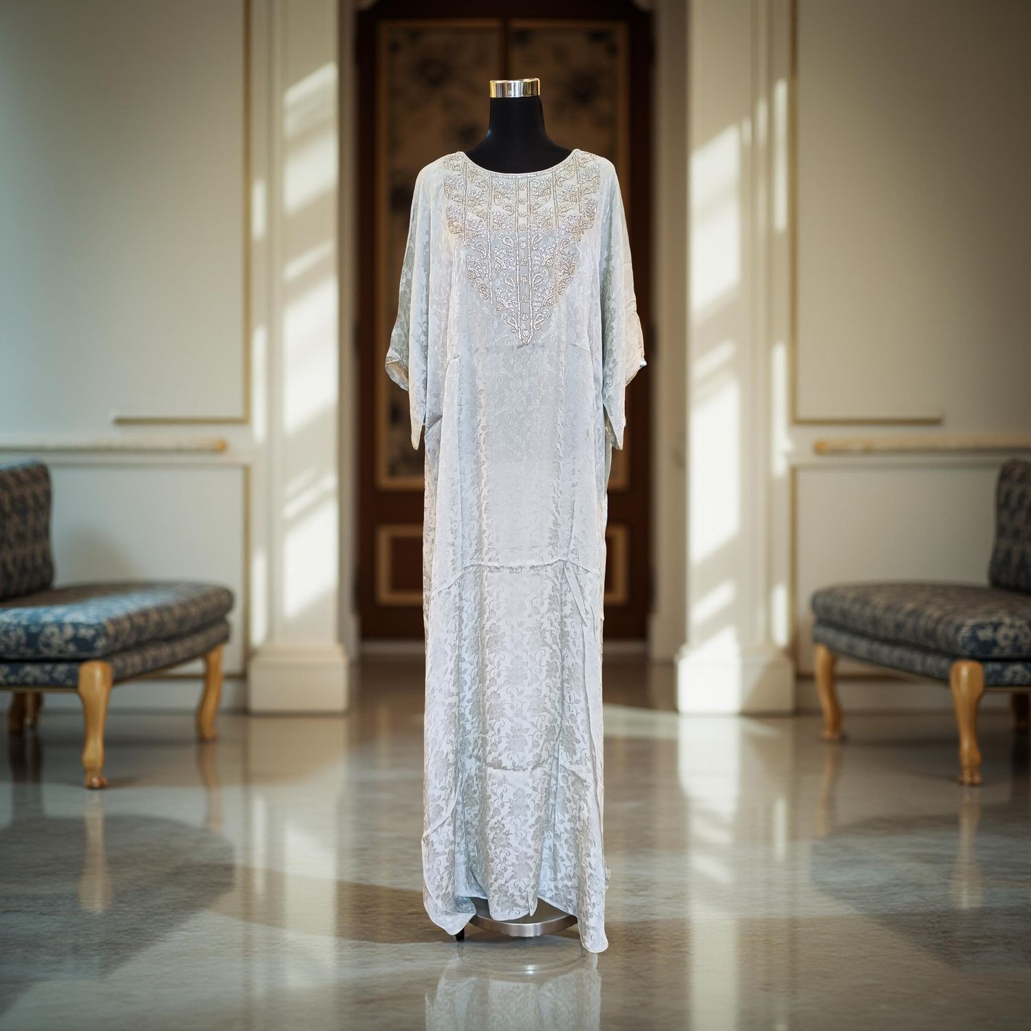 Free Size Silky Farasha Crystal work Kaftan 60&quot; Long Jalabiya