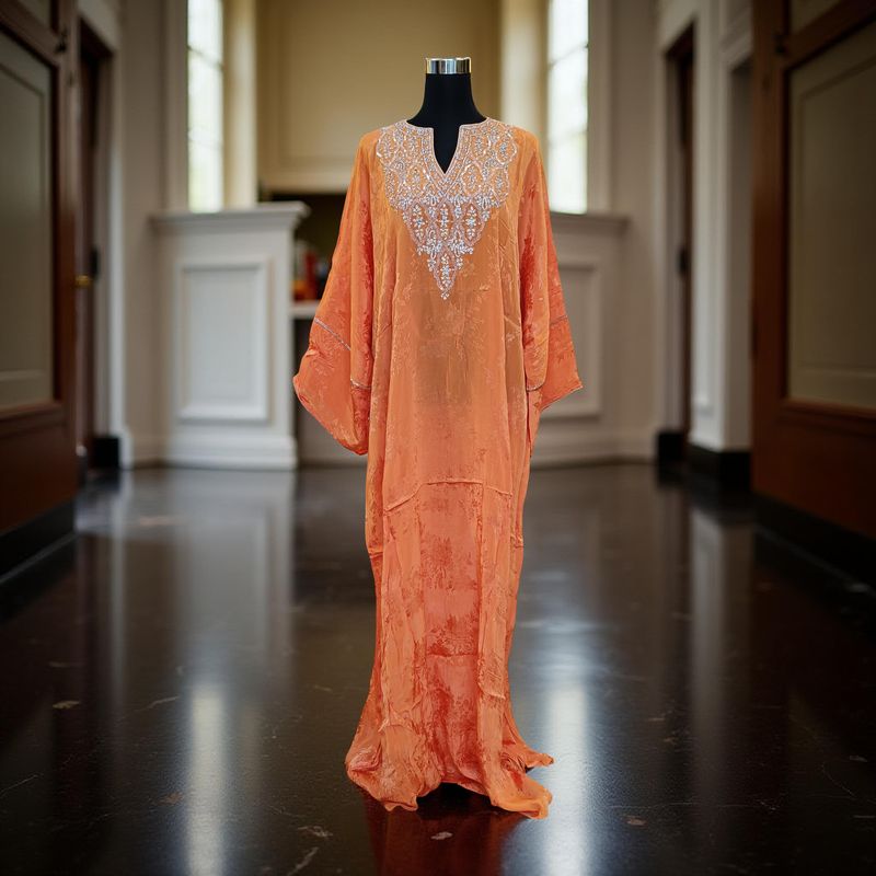 Free Size Silky Farasha Crystal work Kaftan 60&quot; Long Jalabiya