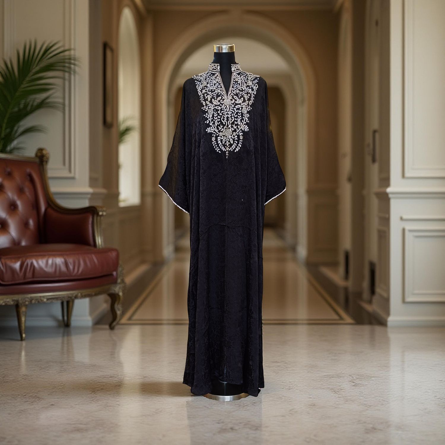 Free Size Silky Farasha Crystal work Kaftan 60&quot; Long Jalabiya