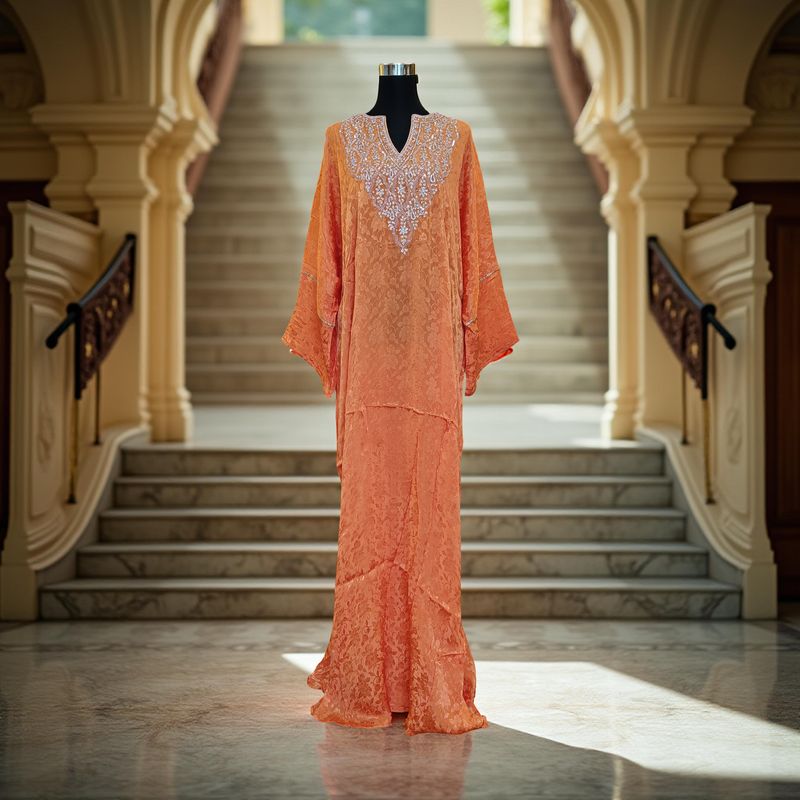 Free Size Silky Farasha Crystal work Kaftan 60&quot; Long Jalabiya