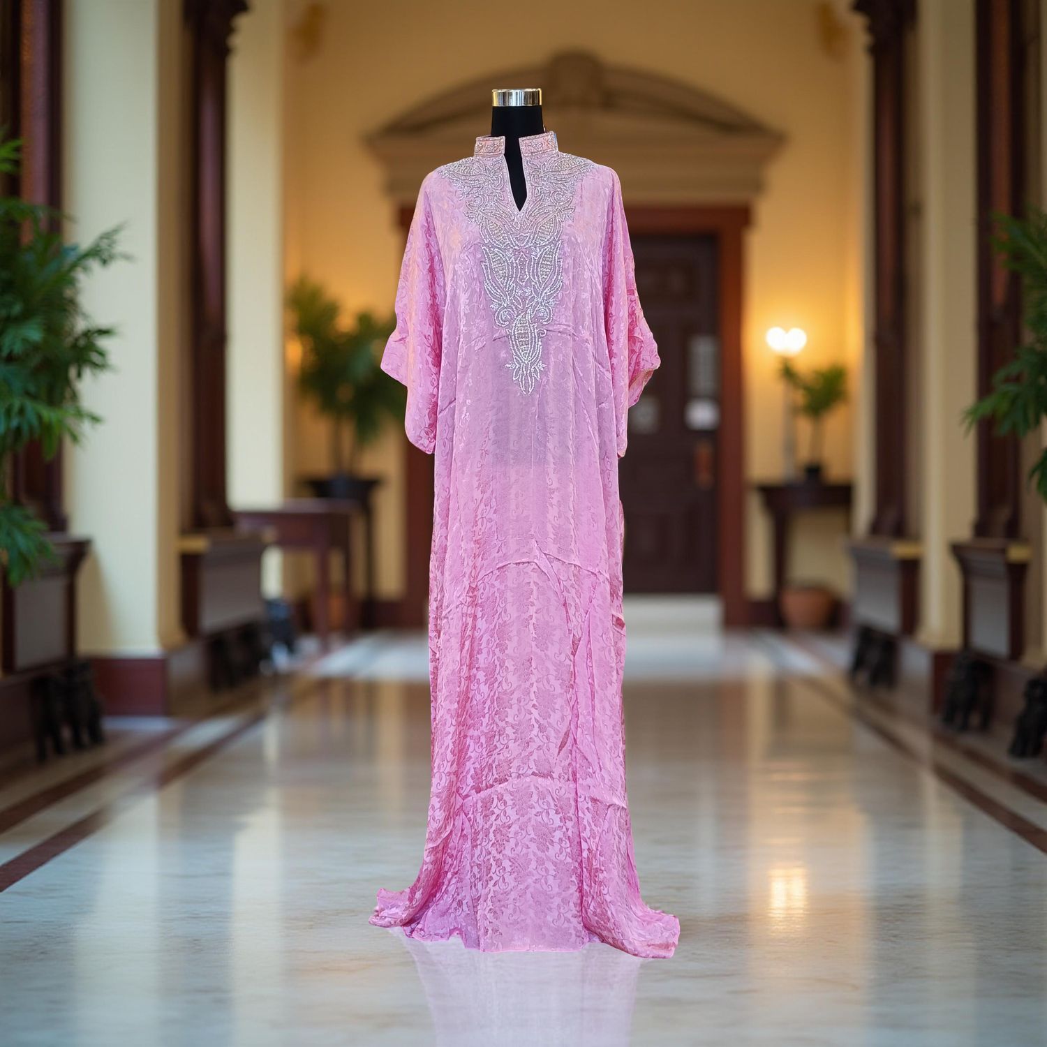 Free Size Silky Farasha Crystal work Kaftan 60&quot; Long Jalabiya